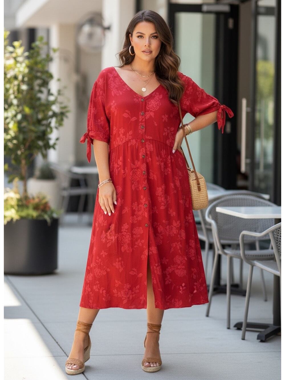 Torrid Red Floral Button-Front Dress with Pockets